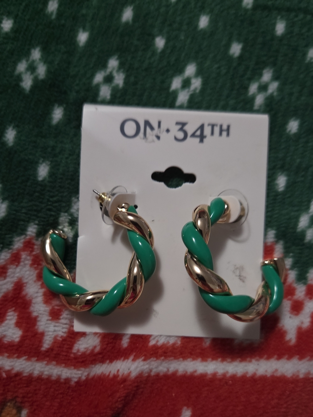 ON·34TH Gold and Green Twisted Hoop Earrings